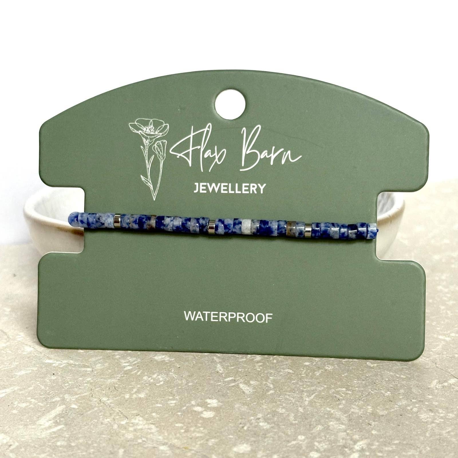 Tarnish Resistant Gemstone Pull Cord Bracelet: Blue Dot Jasper