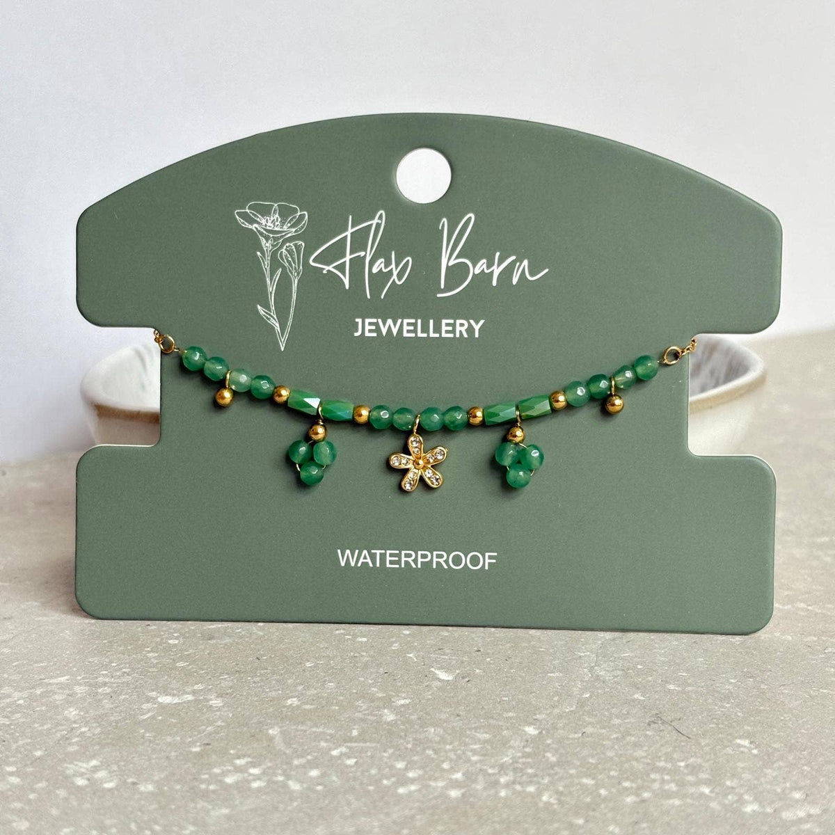 Tarnish Resistant Green Bead Flower Charm Bracelet