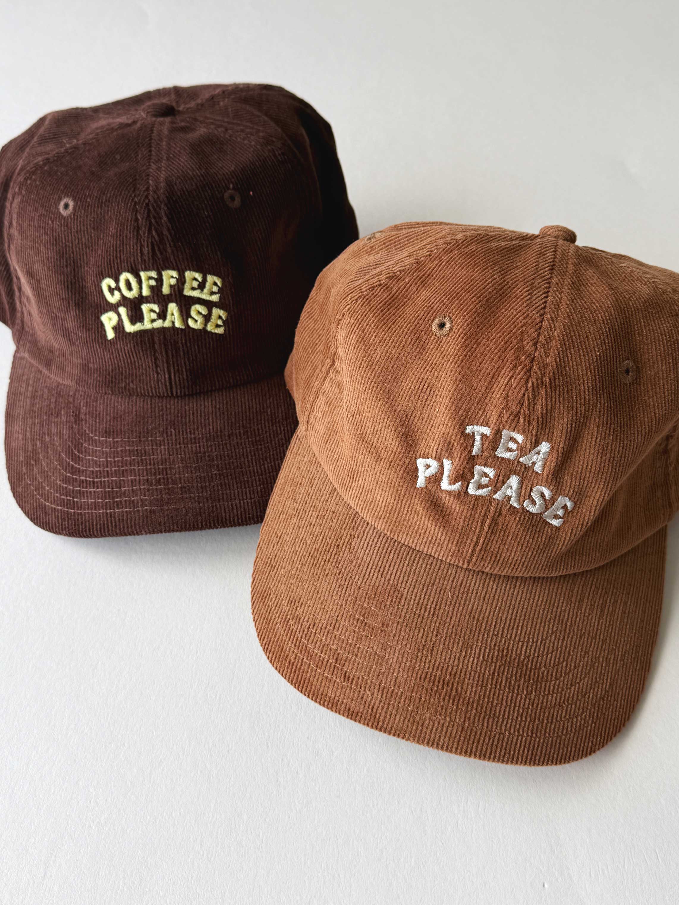 Coffee Please Cord Slogan Cap: Brown