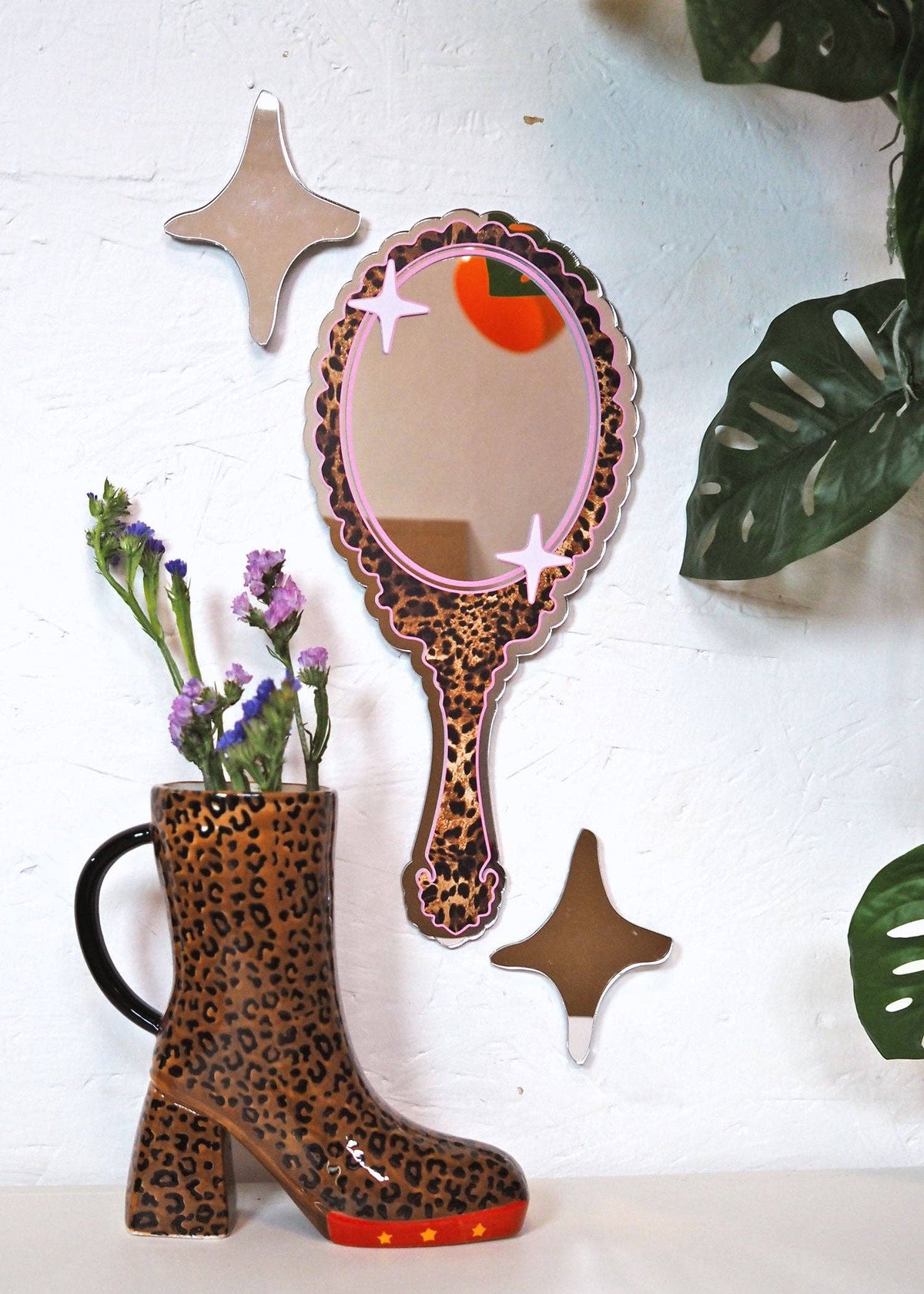 Retro Vanity 'Hand Held' Mirror - Leopard Print: Small - 31cm