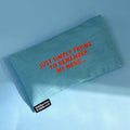 'Just Trying to Remember my Name' Slogan Linen Eye Pillow: Blue linen with orange lettering