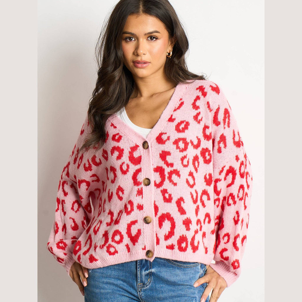 Leopard Print Italian Wool Blend Cardigan in Pink/Red