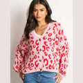 Leopard Print Italian Wool Blend Cardigan in Pink/Red