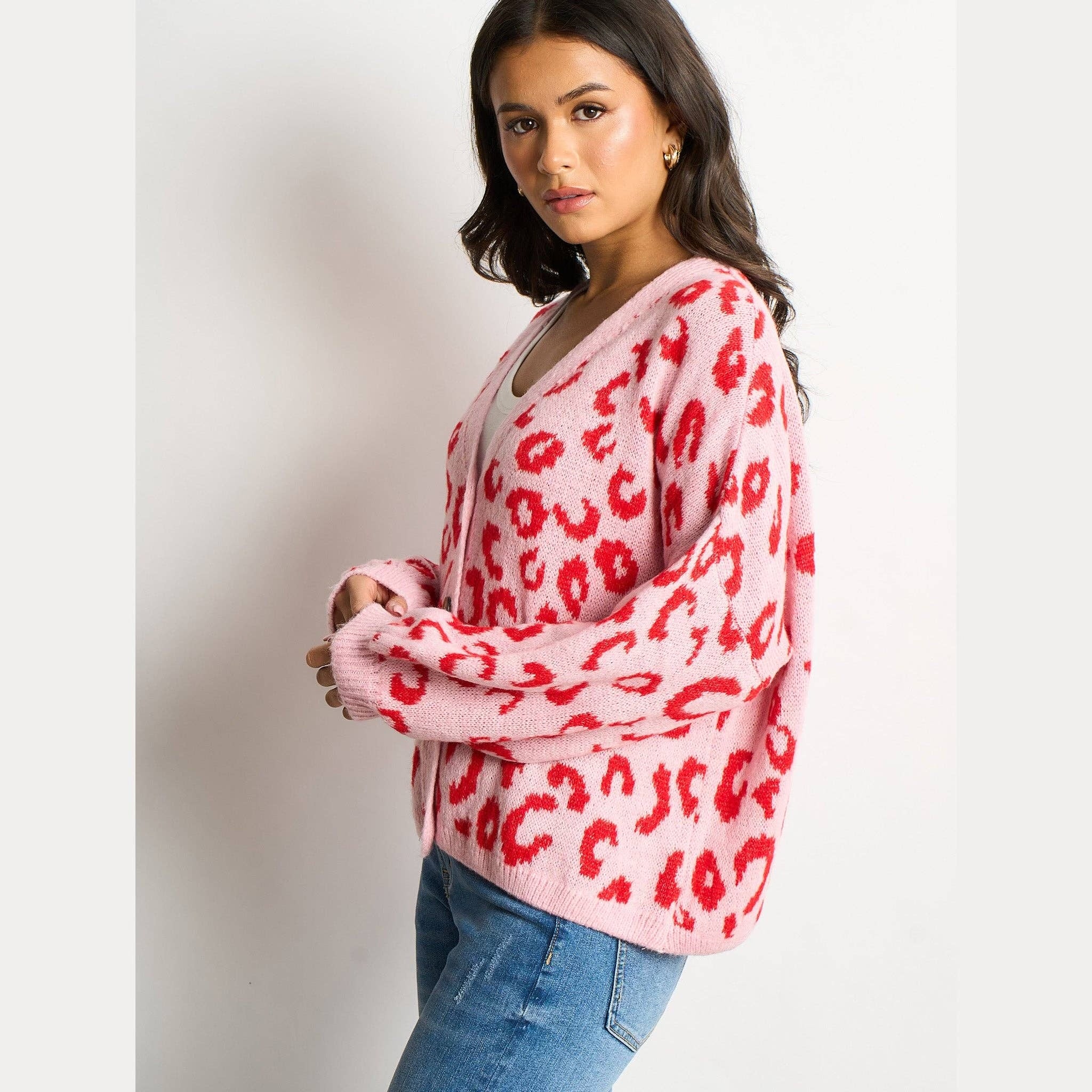 Leopard Print Italian Wool Blend Cardigan in Pink/Red
