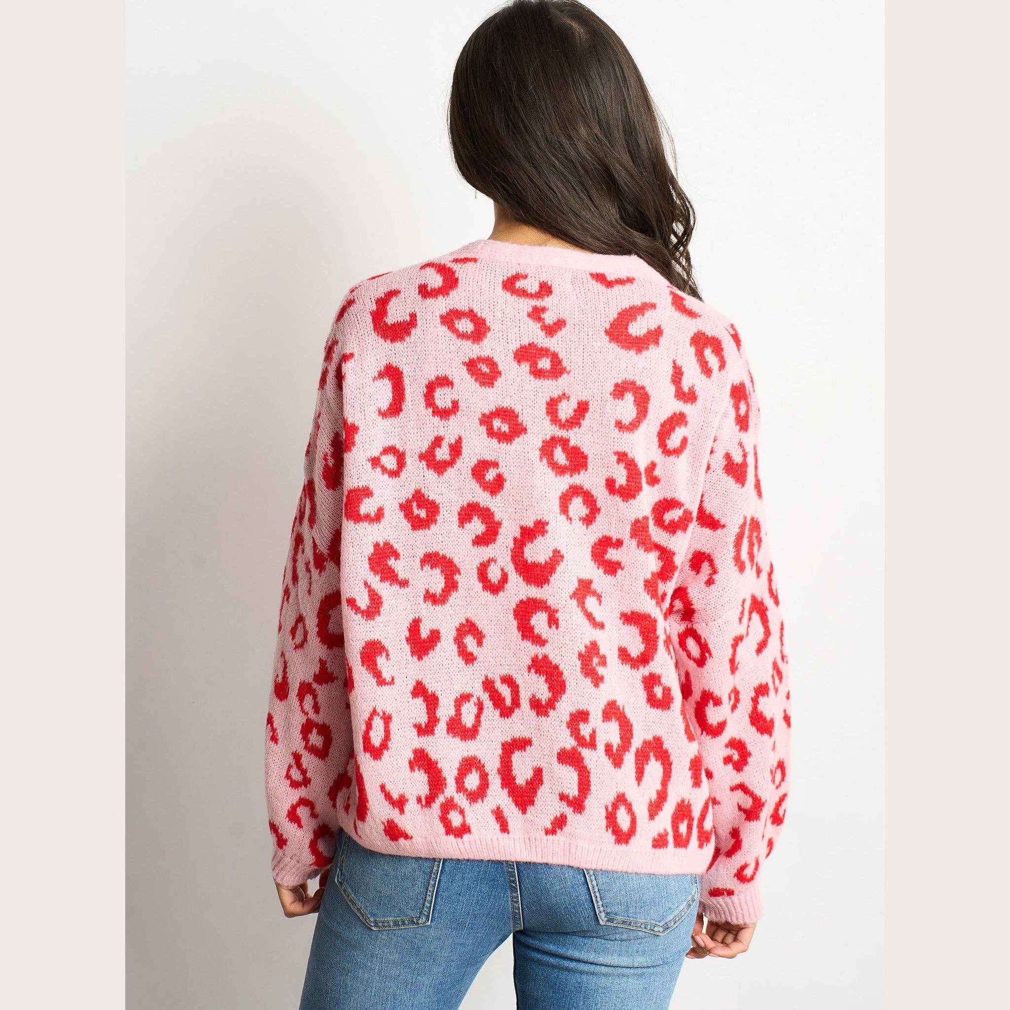 Leopard Print Italian Wool Blend Cardigan in Pink/Red