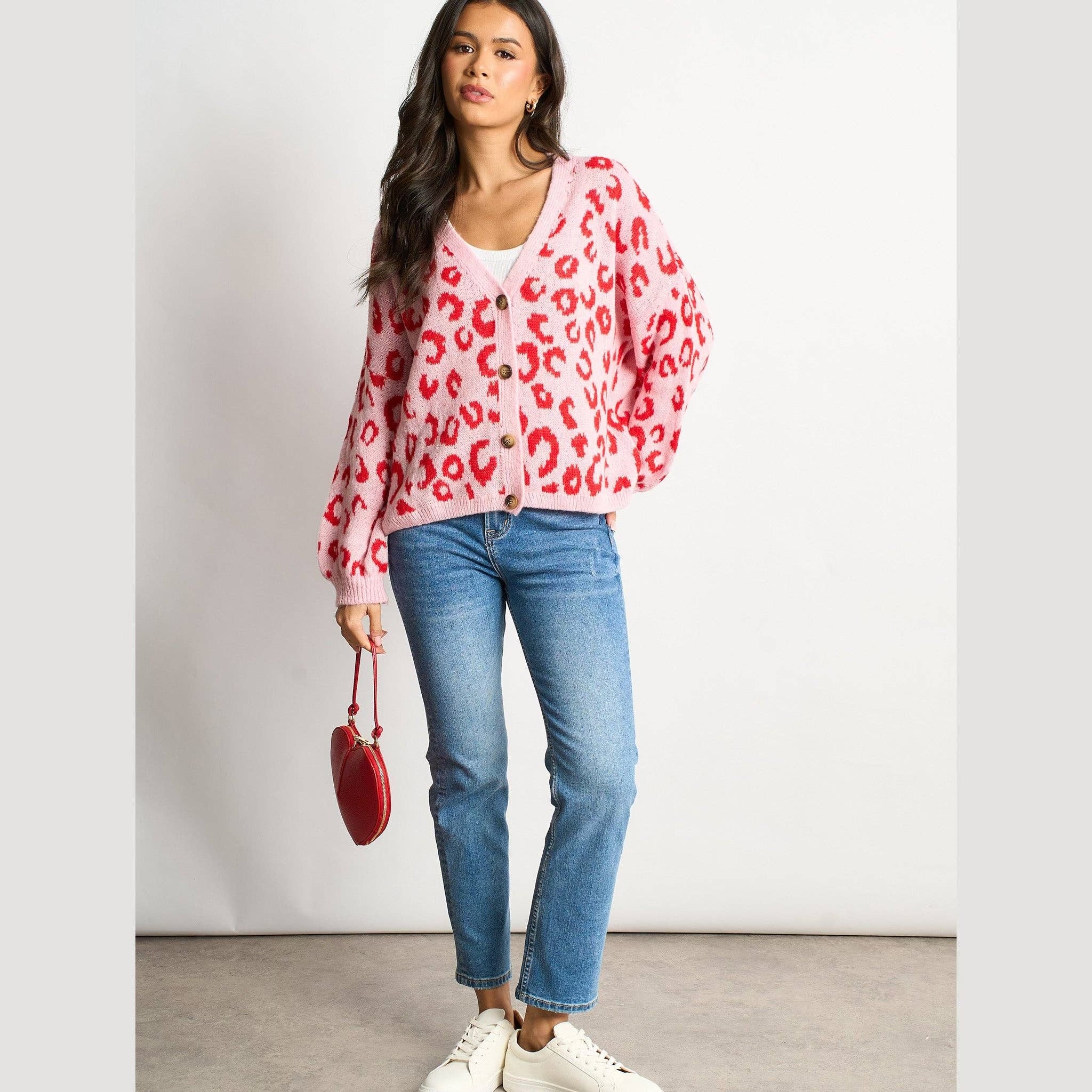 Leopard Print Italian Wool Blend Cardigan in Pink/Red
