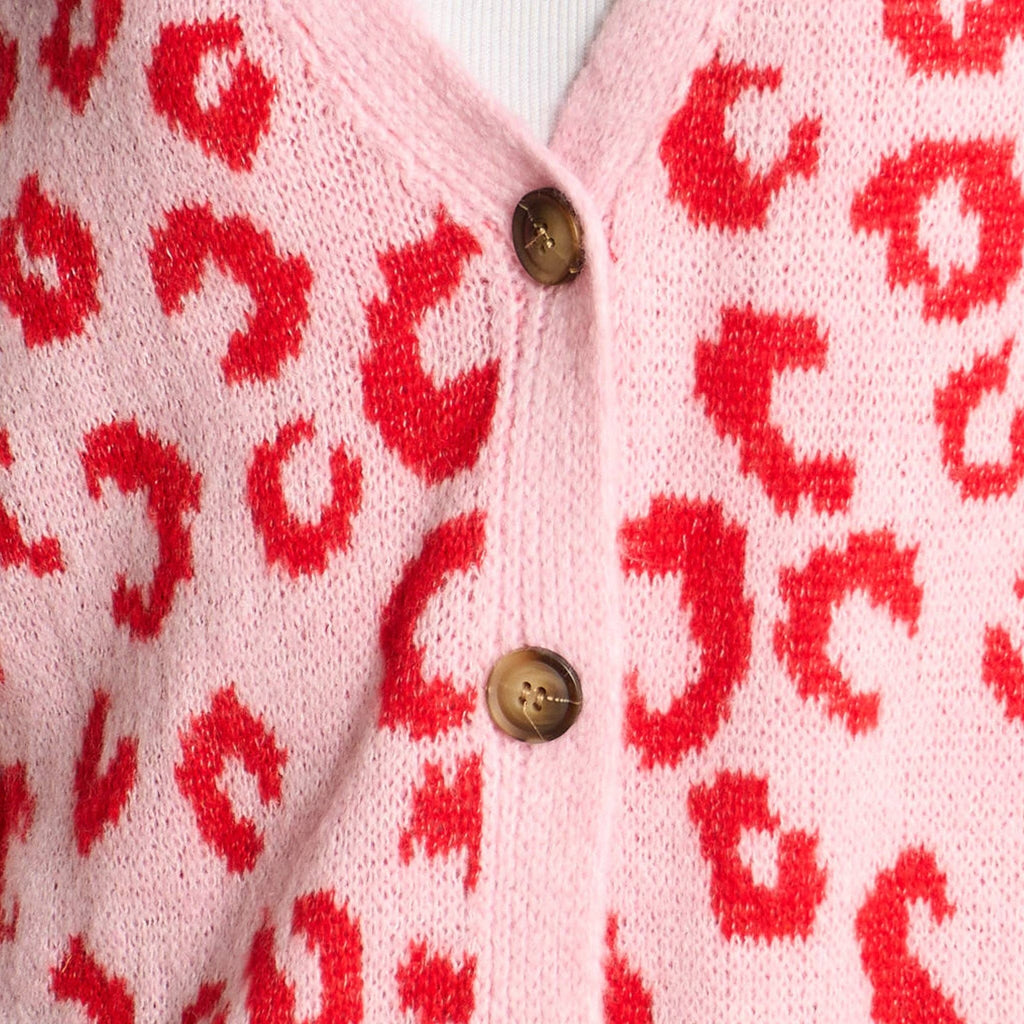 Leopard Print Italian Wool Blend Cardigan in Pink/Red