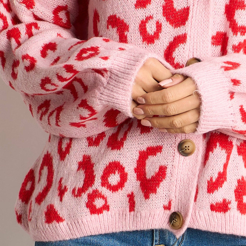 Leopard Print Italian Wool Blend Cardigan in Pink/Red