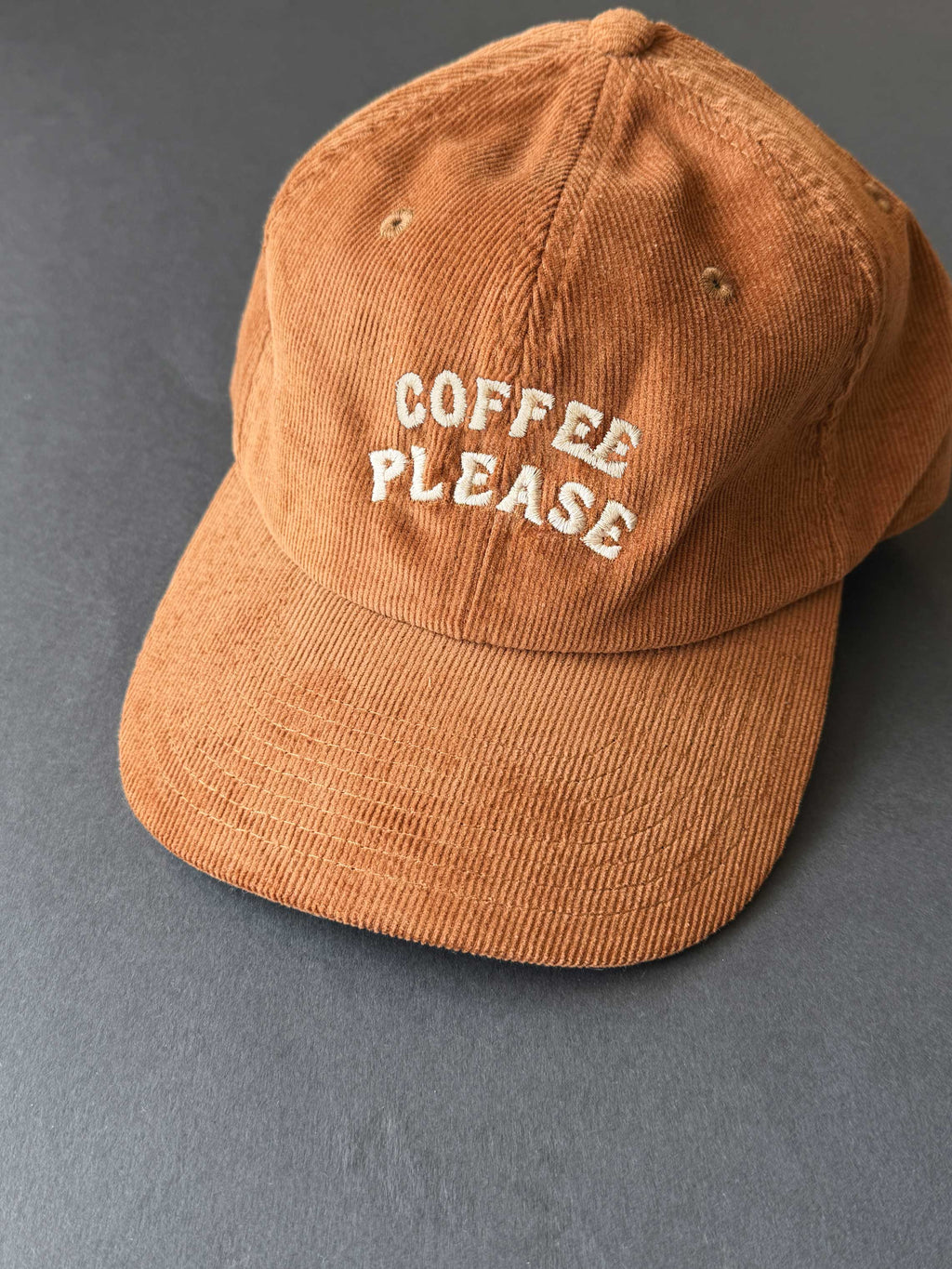 Coffee Please Cord Slogan Cap: Brown
