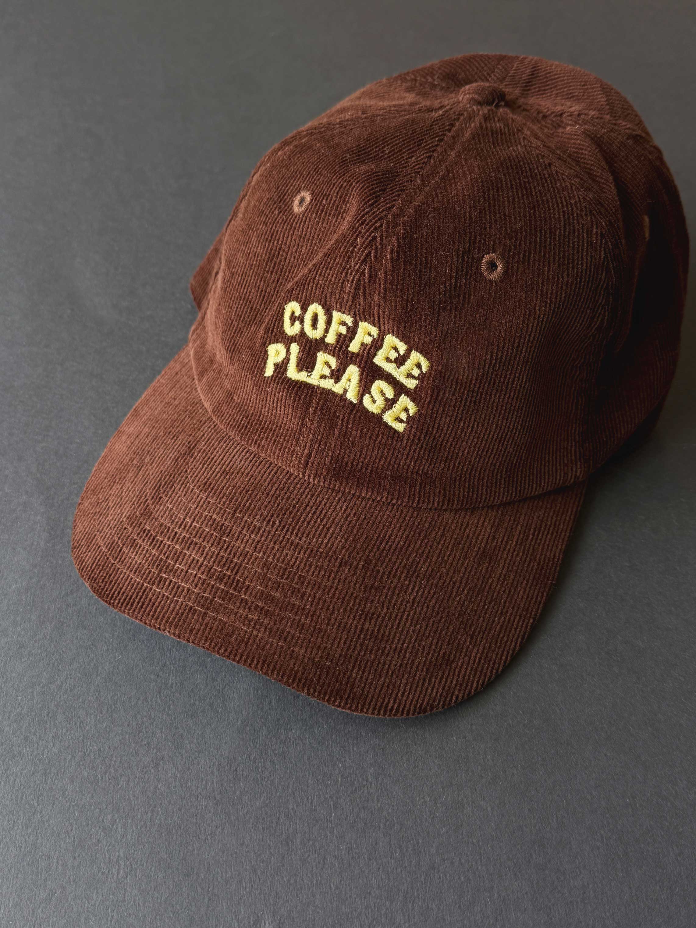 Coffee Please Cord Slogan Cap: Brown