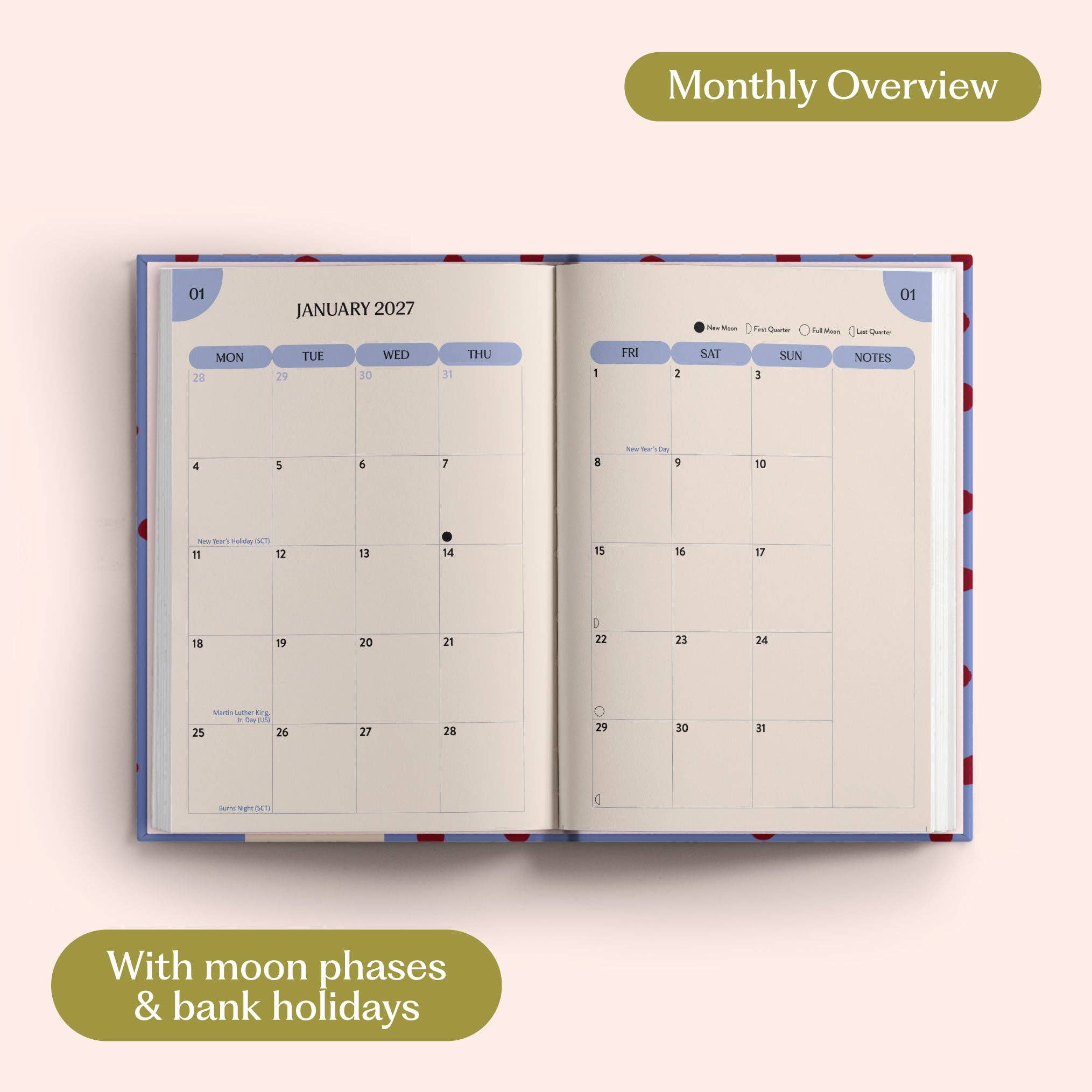 2027 Diary | A5 Hardcover Week to View | Purple Polka
